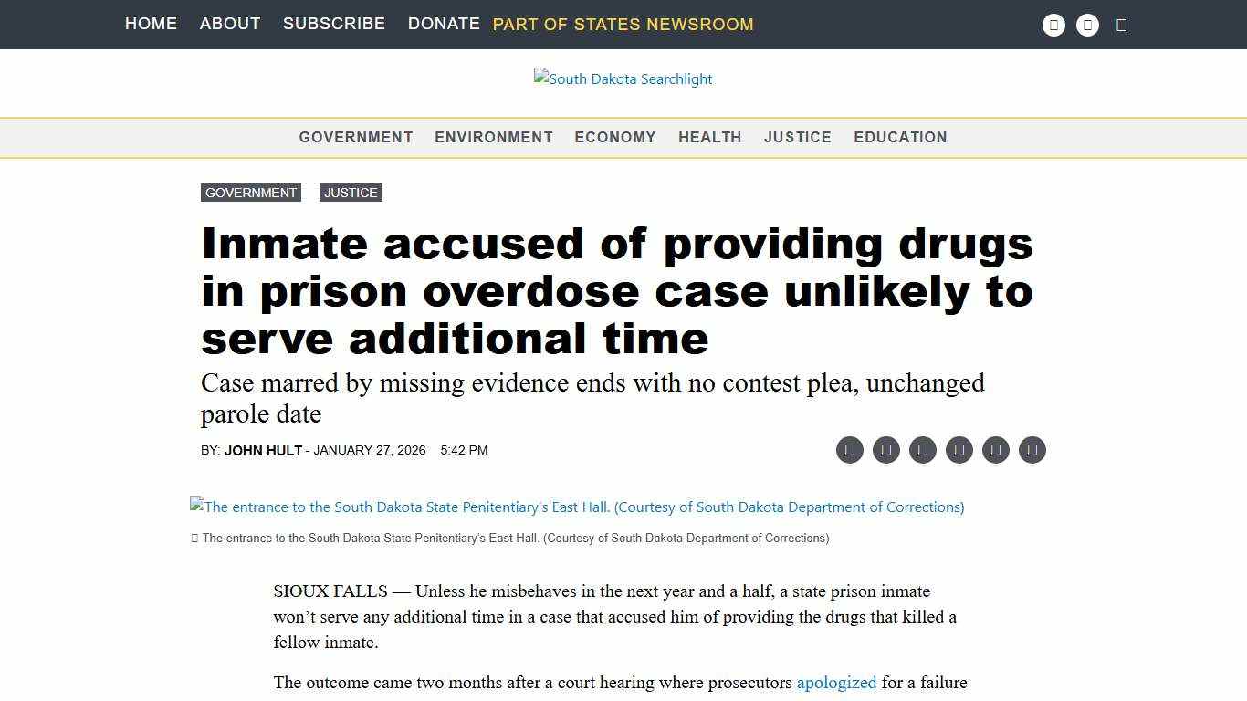 Inmate accused of providing drugs in prison overdose case unlikely to serve additional time • South Dakota Searchlight