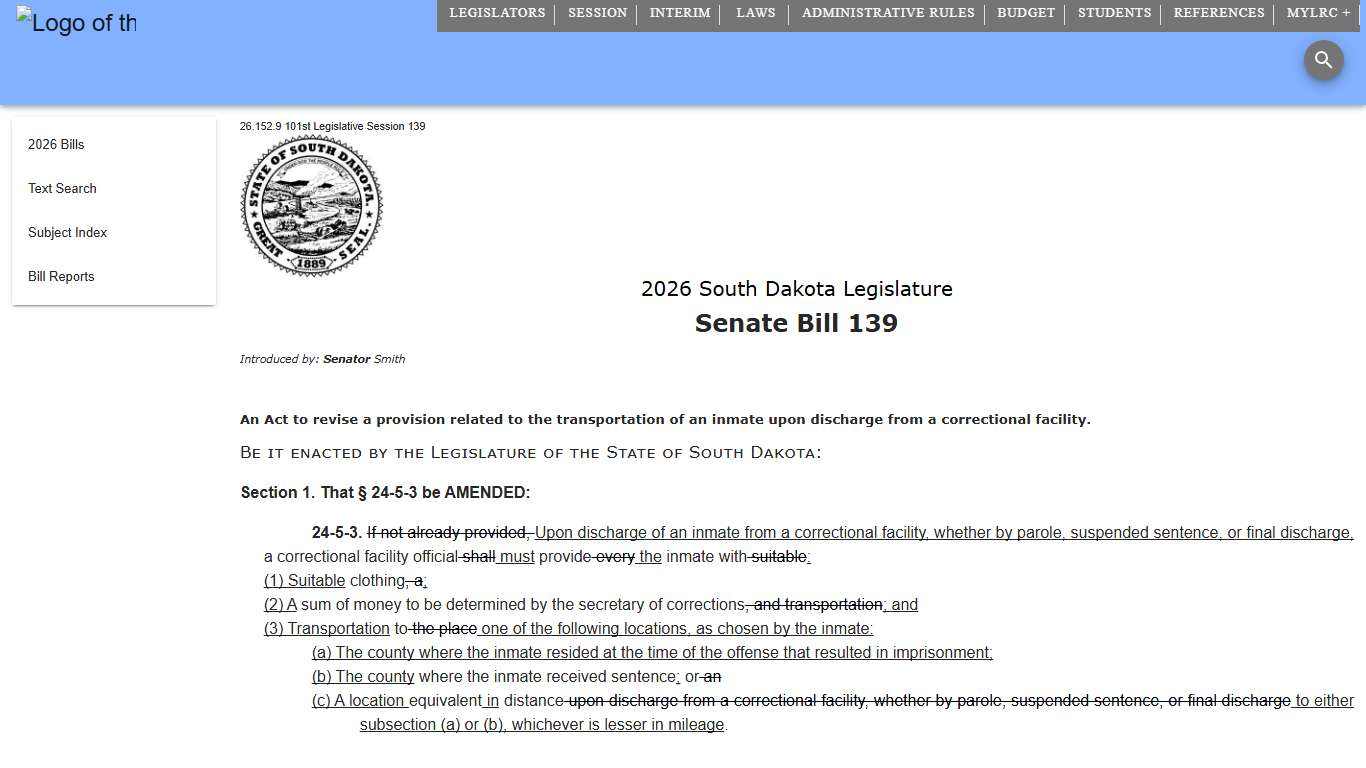 2026 Senate Bill 139 South Dakota Legislature